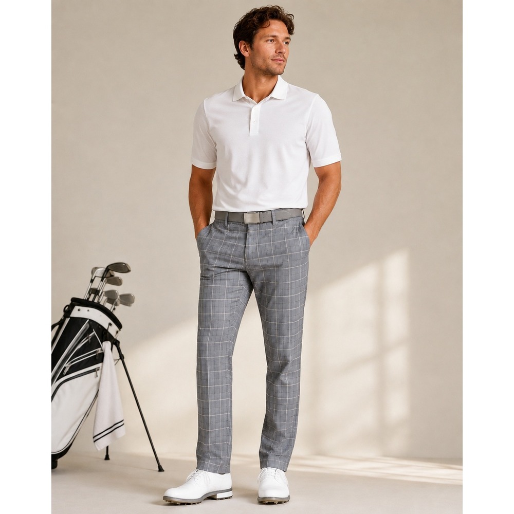 Travis Mathew Mens Grey Plaid Flat Front Golf Pants Size 32 Straight Leg